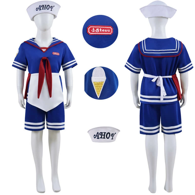 Steve Scoops Ahoy Costume Boys Stranger Things 3 Kids Steve Harrington Cosplay Steve Ice Cream Outfits 1 Steve Scoops Ahoy Costume Boys Stranger Things 3 Kids Steve Harrington Cosplay Steve Ice Cream Outfits